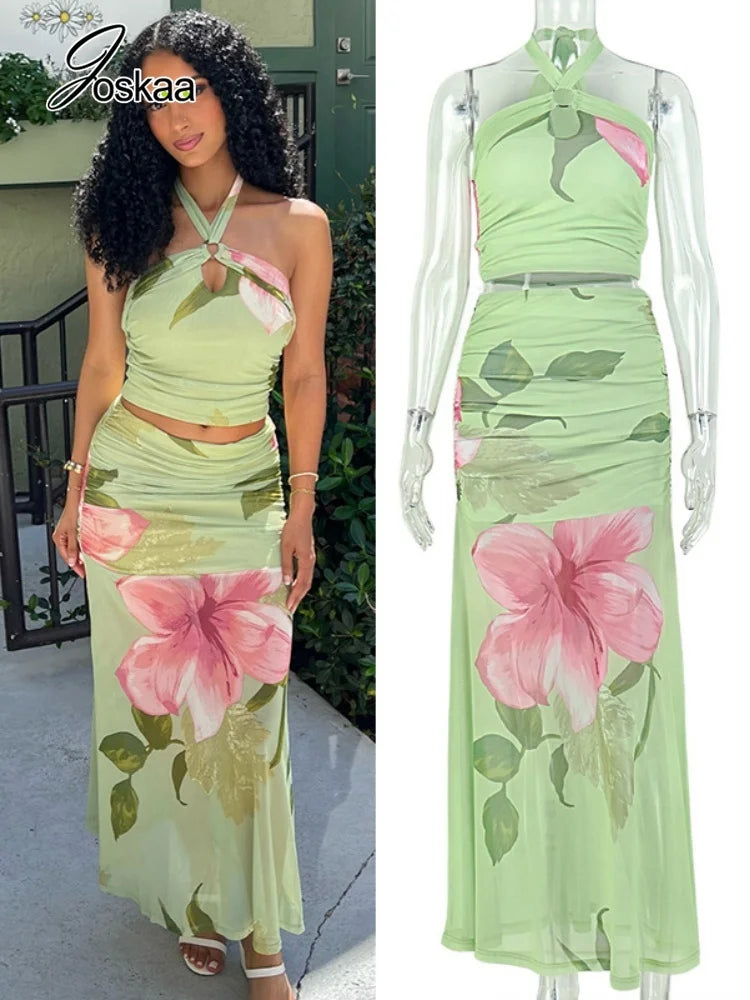 Women's Floral Print Mesh Ruched Two Piece Set – Women's Fashion Wholesale – Front View
