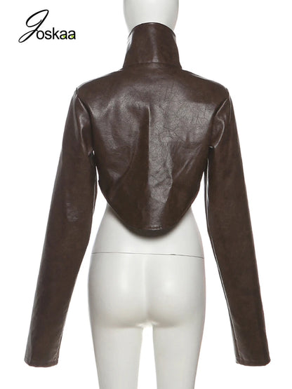 Women's Faux Leather Long Sleeve Crop Jacket Black – Detail View