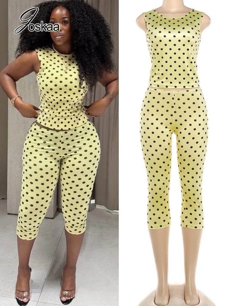 Women's Polka Dot Sleeveless Crop Two Piece Set Yellow – Front View