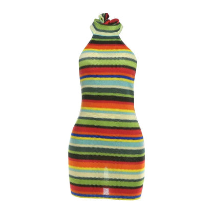 Women's Striped Ribbed Knit Halter Sleeveless Mini Dress - Additional View 7