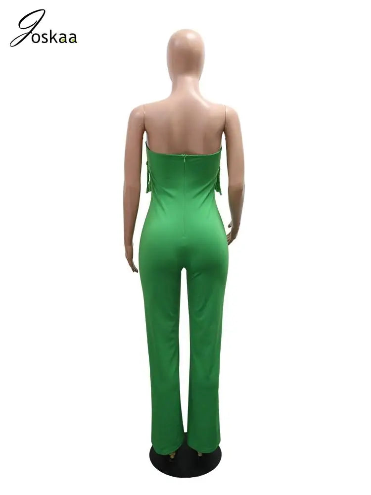 Women's Backless Strapless Flare Zip Wide Leg Romper Green – Detail View