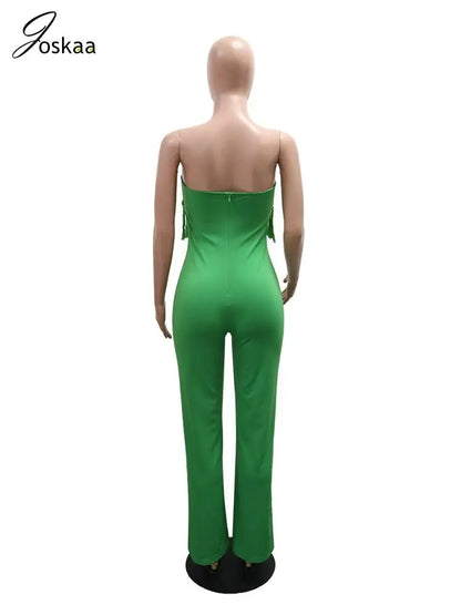 Women's Backless Strapless Flare Zip Wide Leg Romper Green – Detail View