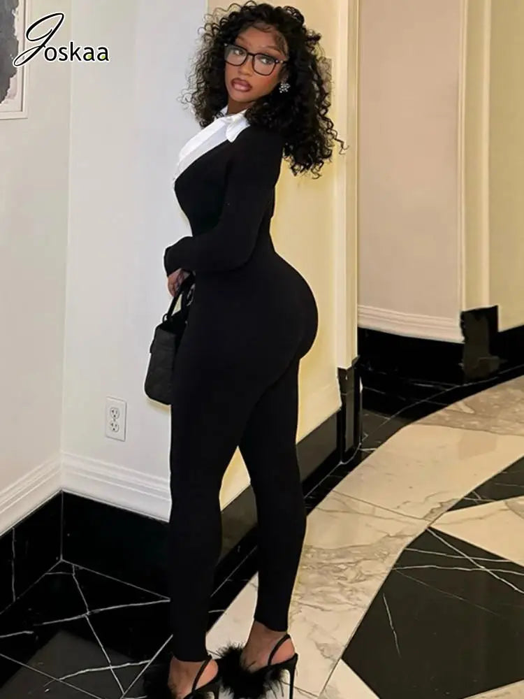 Women's Long Sleeve Bodycon Jumpsuit Romper Black – Side View