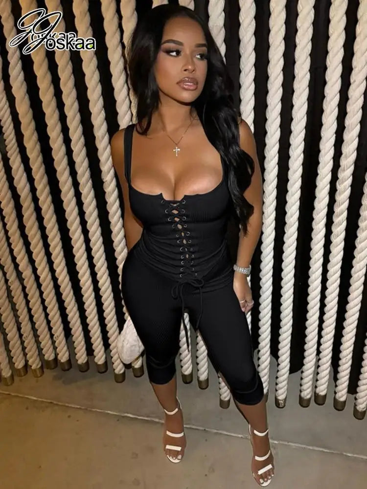 Women's Knit Cutout Crop Ribbed Two Piece Set Black – Back View