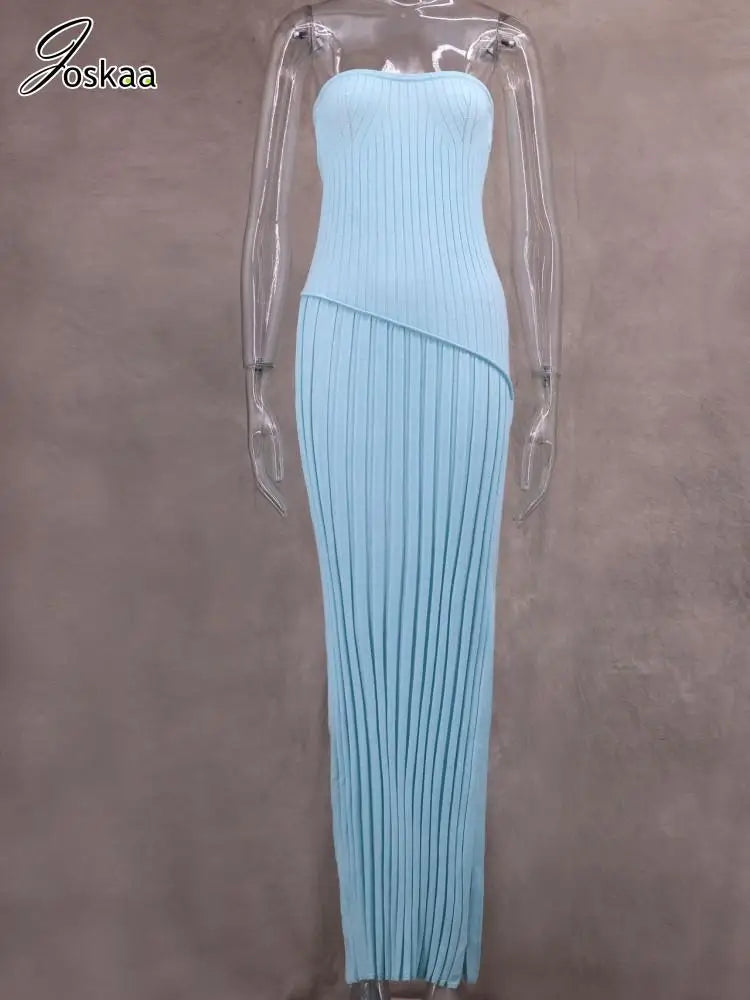 Women's Knit Strapless Ribbed Maxi Dress Light Blue – Back View