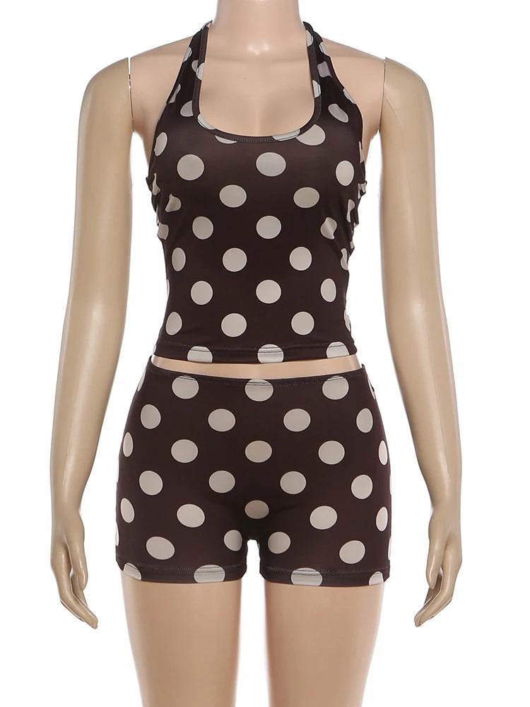 Joskaa Polka Dot Backless Halter Crop Two Piece Set - two piece set image 2