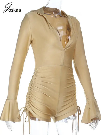 Women's Ruched Long Sleeve Bodycon Romper Khaki – Detail View