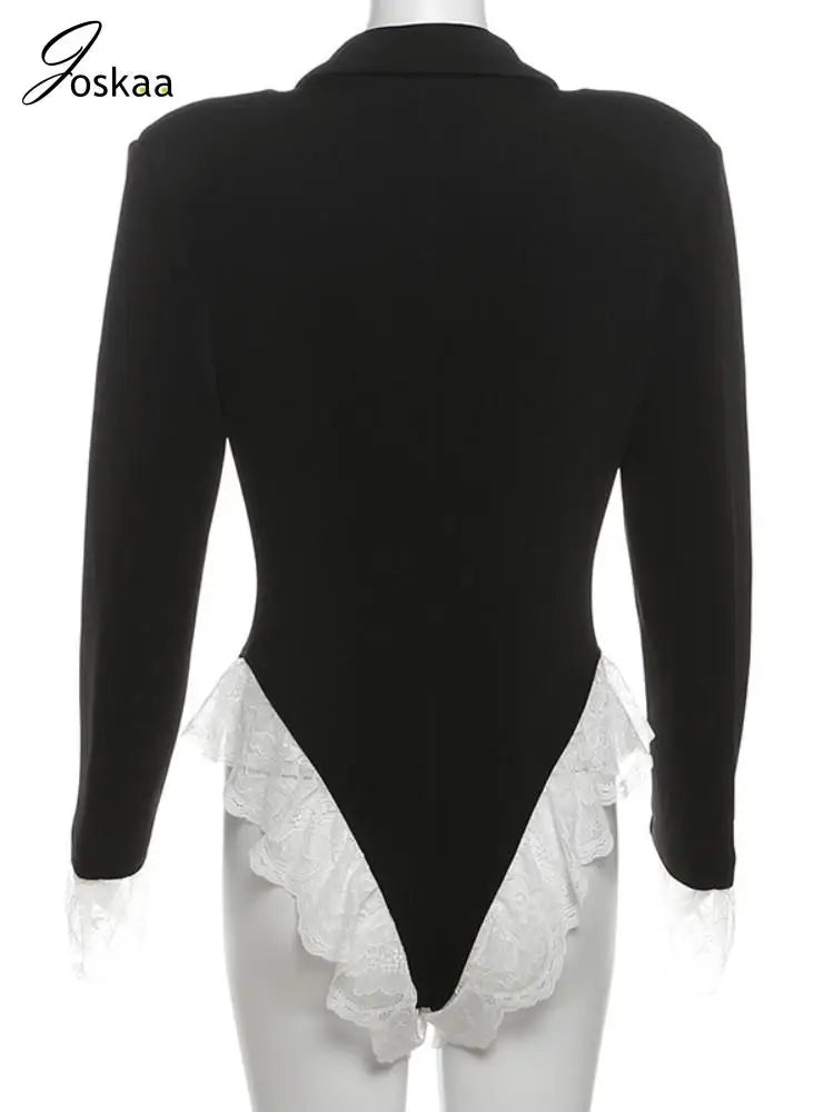 Women's Lace Long Sleeve Patchwork Black Blazer Romper Black – Detail View