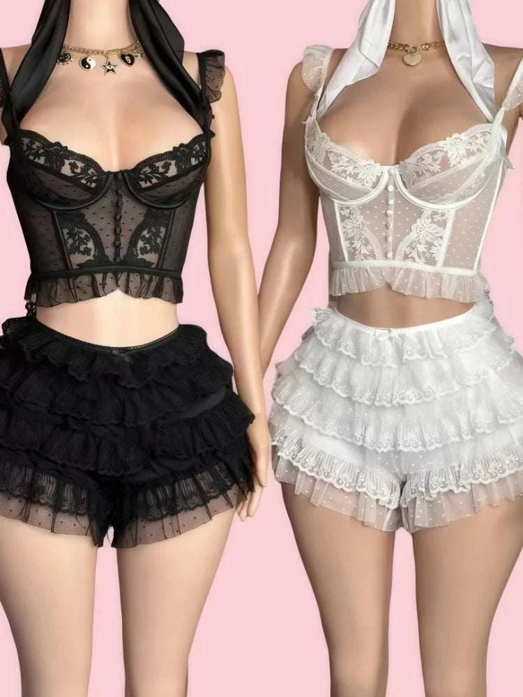 Women's Lace Mini Embroidery Strap Tank Two Piece Set – Women's Fashion Wholesale – Front View