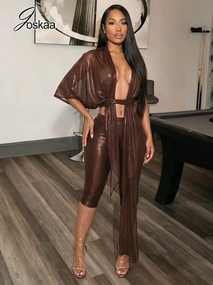 Women's Mesh Backless One Shoulder Two Piece Set - Front View