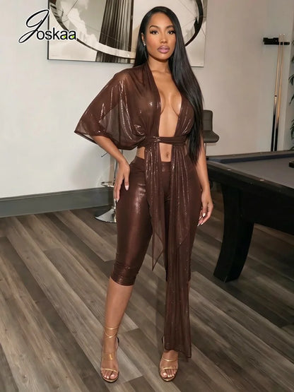 Women's Mesh Backless One Shoulder Two Piece Set - Front View
