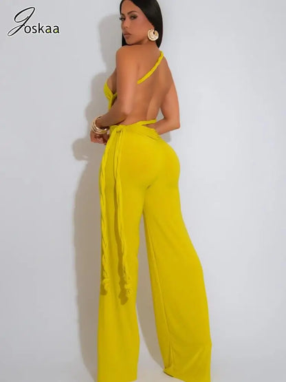 Women's Backless Cutout Halter Wide Leg Romper Black – Side View