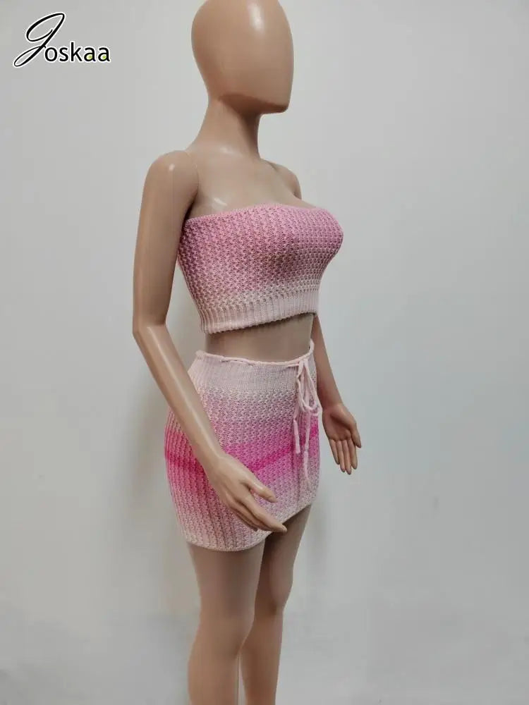 Women's Stripe Knit Strapless Two Piece Set Pink – Detail View