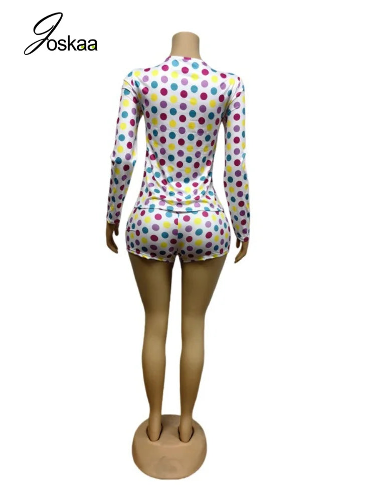 Women's Polka Dot Long Sleeve High Waist Two Piece Set - Model Wearing Style