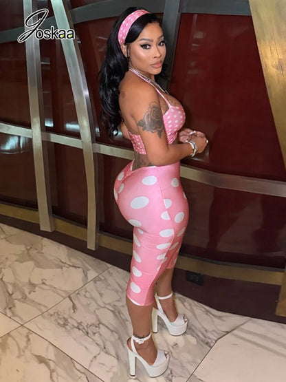 Women's Polka Dot Ruched Halter Two Piece Set Pink – Side View