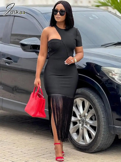 Women's One Shoulder Short Sleeve Bodycon Dress Black – Front View