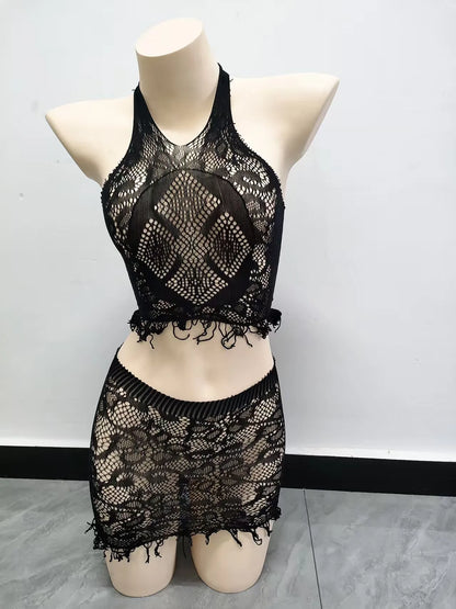 Women's Lace Cutout Halter Two Piece Set
