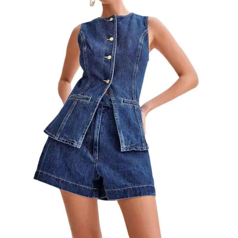 Women's Denim Sleeveless High Waist Two Piece Set Dark Blue Sets – Detail View