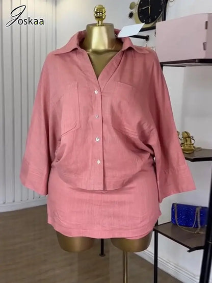 Women's Lapel Batwing Sleeve Two Piece Set Pink – Front View