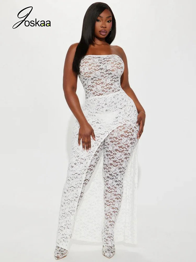 Women's Lace Mesh Strapless Two Piece Set Black – Front View
