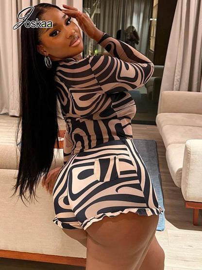 Women's Swirl Print Mesh Long Sleeve High Waist Two Piece Set - Front View