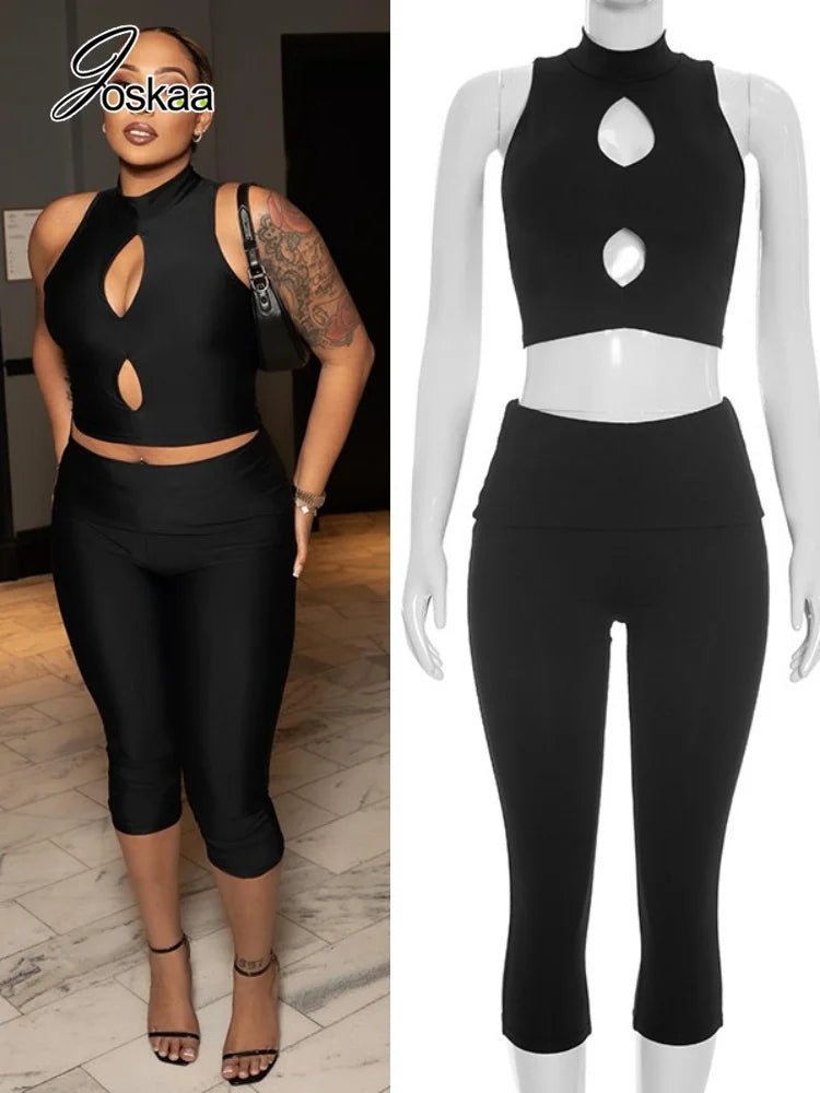Women's Cutout Crop Solid Sporty Stand Two Piece Set – Women's Fashion Wholesale – Front View