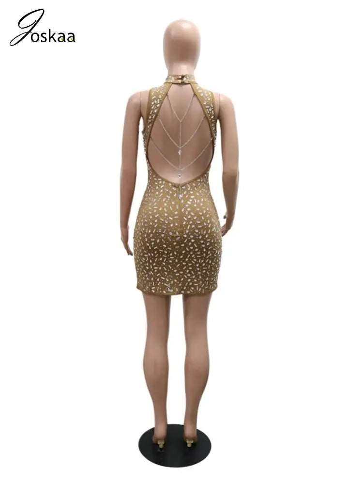 Women's Rhinestone Backless Cutout Mini Dress Apricot – Detail View