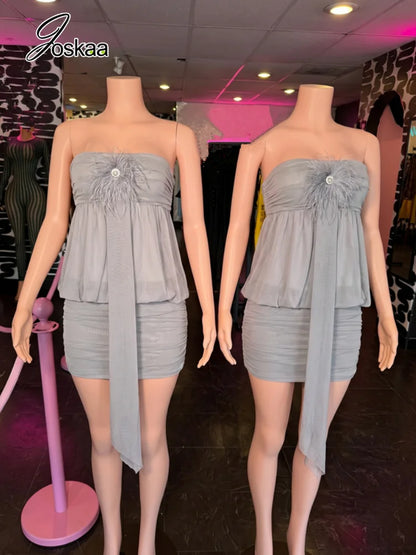 Women's Ruched Backless Strapless Mini Dress Gray – Front View