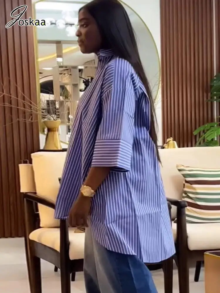 Women's Stripe Long Sleeve Blue Striped Shirt Top Blue – Front View