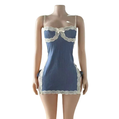 Women's Lace Sleeveless Splice Spaghetti Strap Mini Dress
