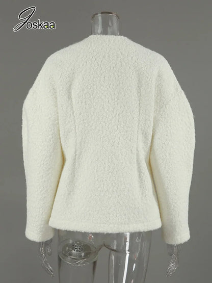 Women's Long Sleeve Fall Thickened Woolen Jacket White – Detail View