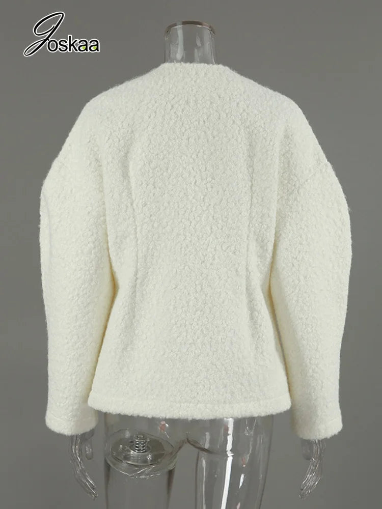 Women's Long Sleeve Fall Thickened Woolen Jacket White – Detail View