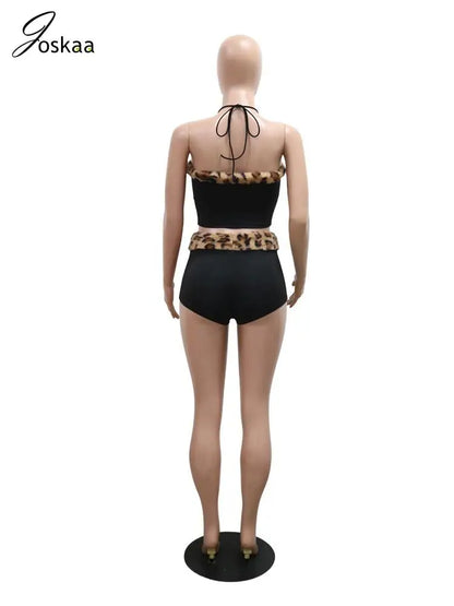 Women's Leopard Print Halter Two Piece Set Black – Detail View