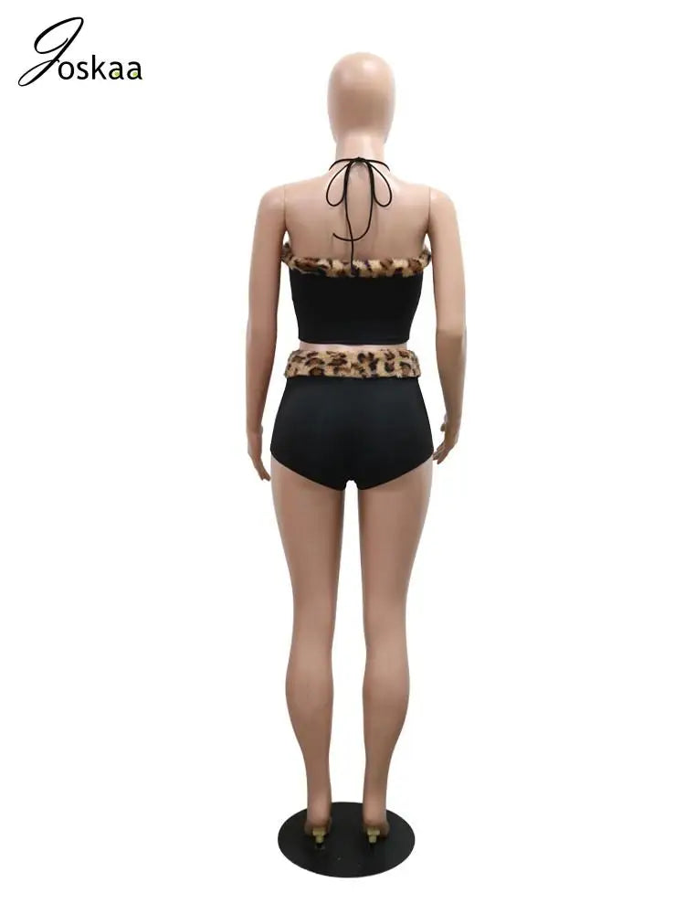 Women's Leopard Print Halter Two Piece Set Black – Detail View