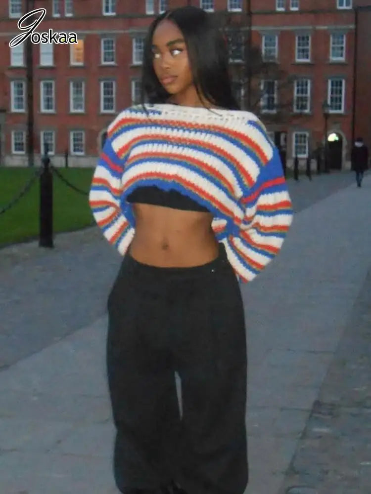 Women's Stripe Knit Long Sleeve Ribbed Top Blue – Front View