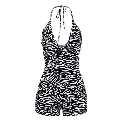 Women's Zebra Print Striped V-neck Halter Romper - Detail View 6