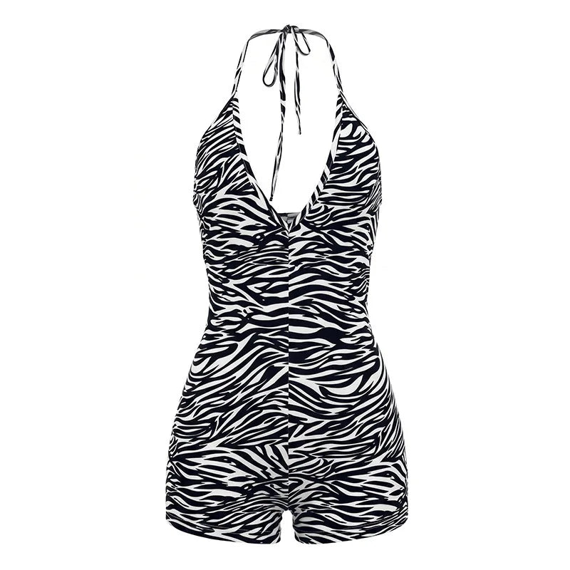 Women's Zebra Print Striped V-neck Halter Romper - Detail View 6
