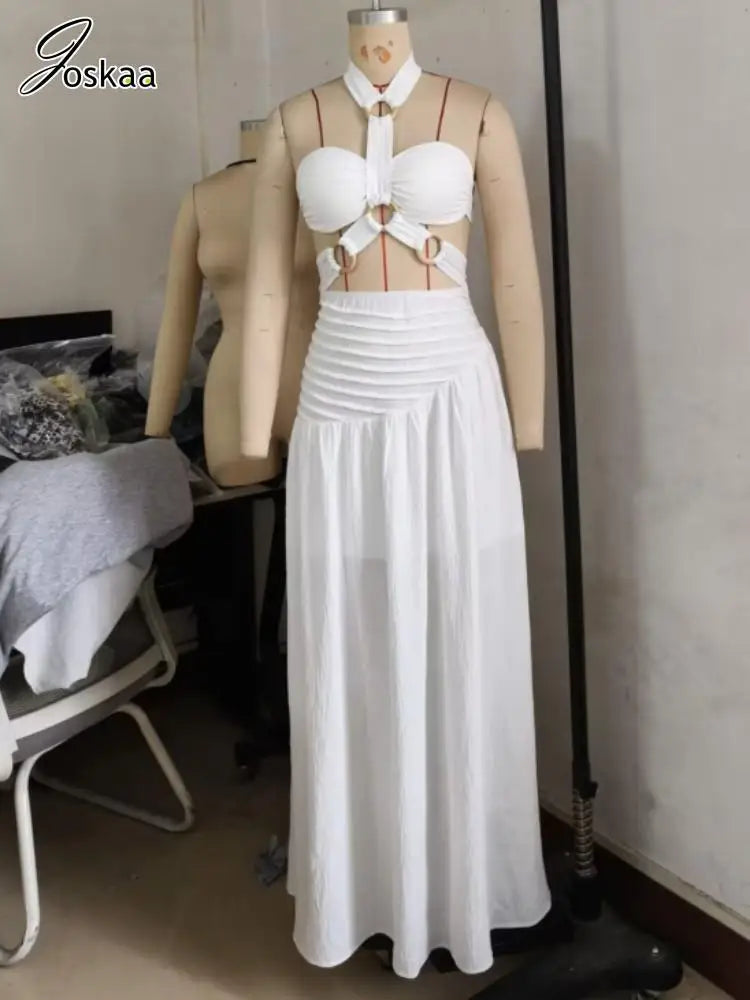 Women's Backless Halter Maxi Two Piece Bikini Set White – Detail View