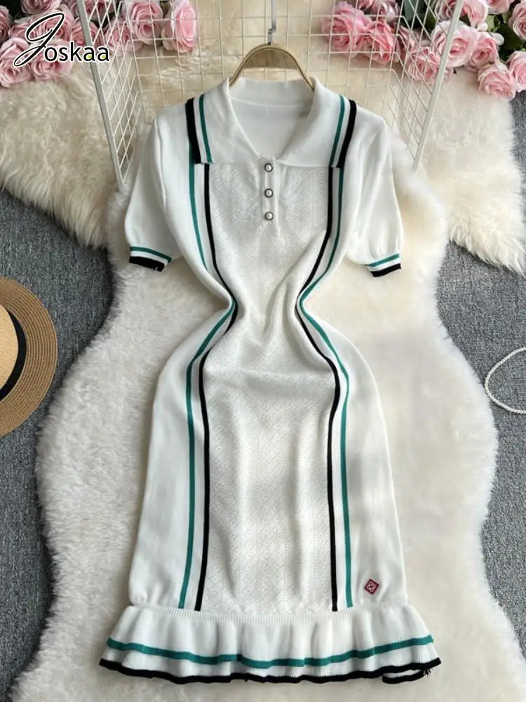 Women's Stripe Knit Short Sleeve Bodycon Dress White – Back View