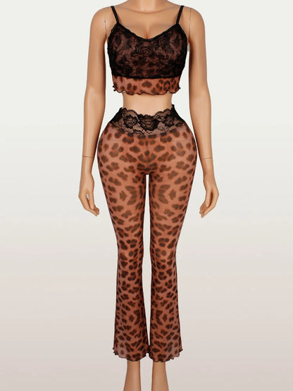 Women's Leopard Print Mesh Lace Sleeveless Two Piece Set - Additional View 9