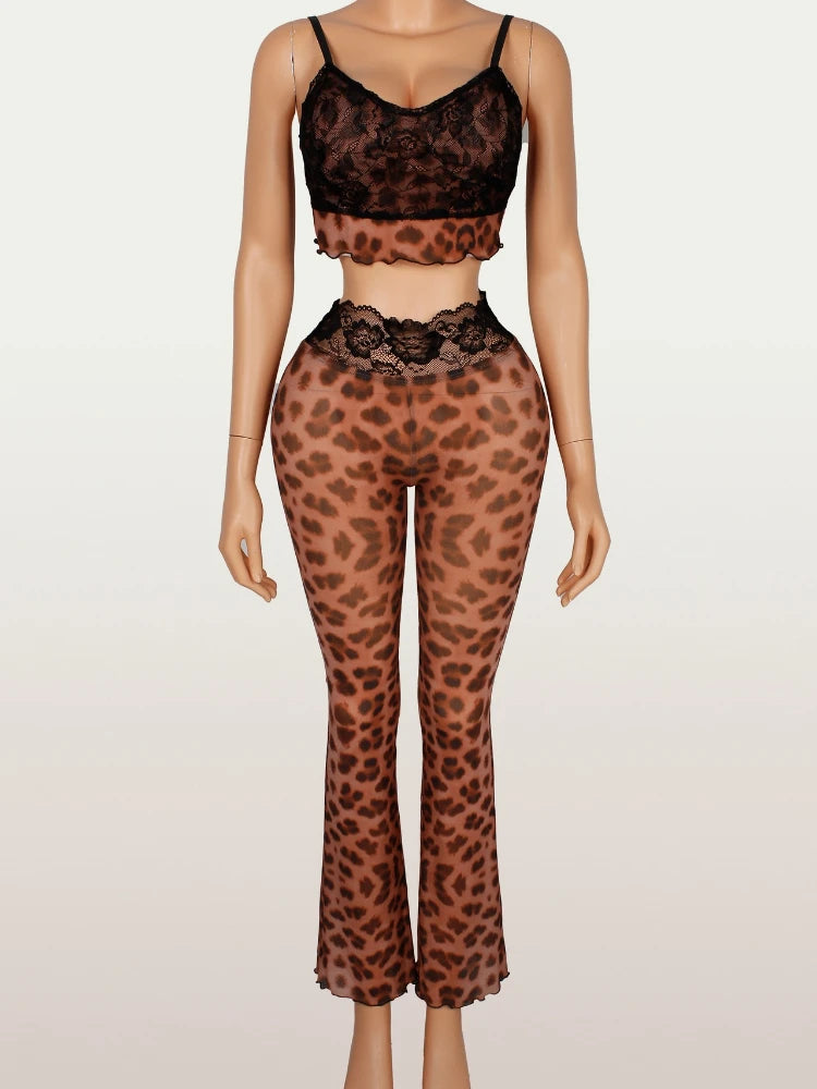 Women's Leopard Print Mesh Lace Sleeveless Two Piece Set - Additional View 9