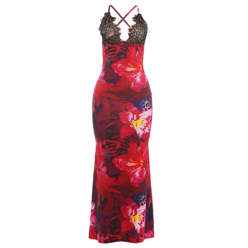 Women's Floral Print Lace Backless V-neck Maxi Dress - Detail View 6