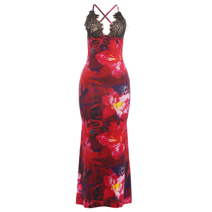 Women's Floral Print Lace Backless V-neck Maxi Dress - Detail View 6