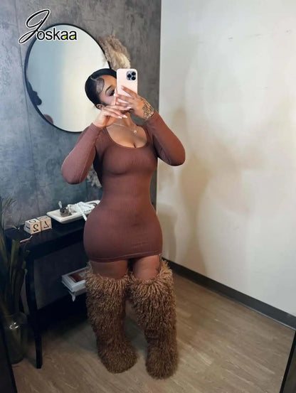 Women's Long Sleeve High Waist Bodycon Dress Black – Detail View