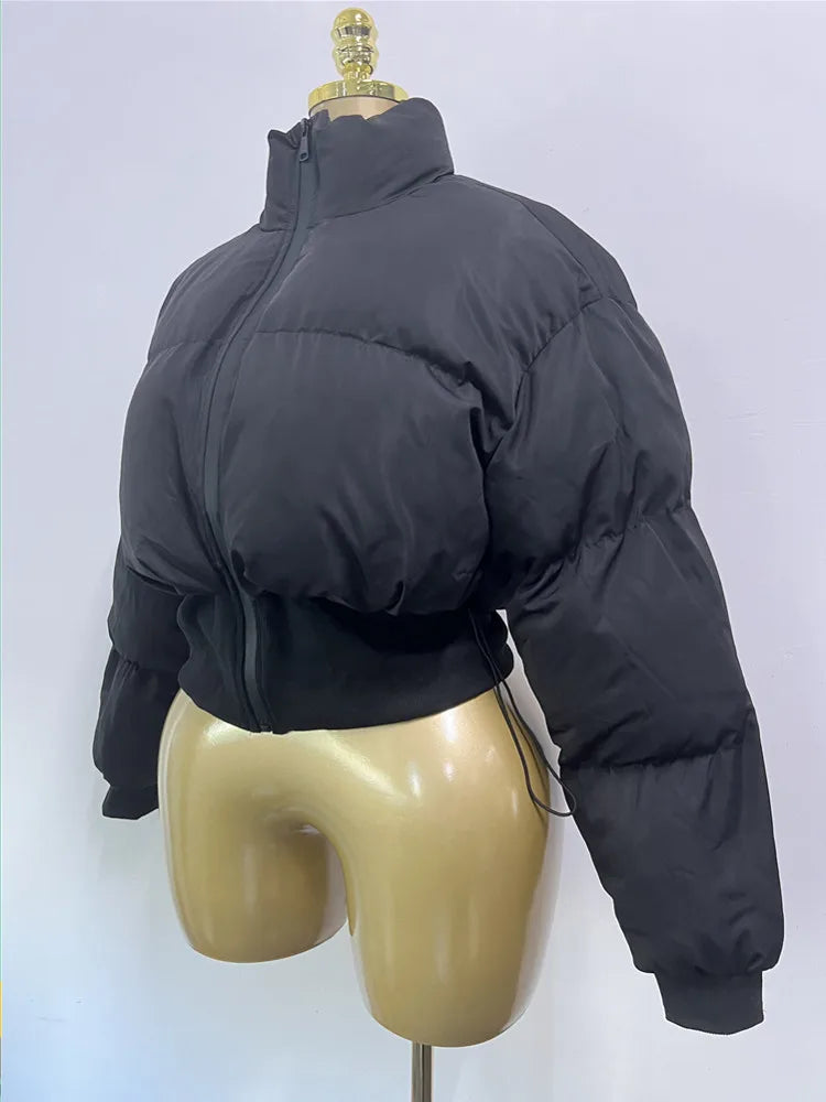 Women's Long Sleeve Zip Black Puffer Jacket Black – Detail View