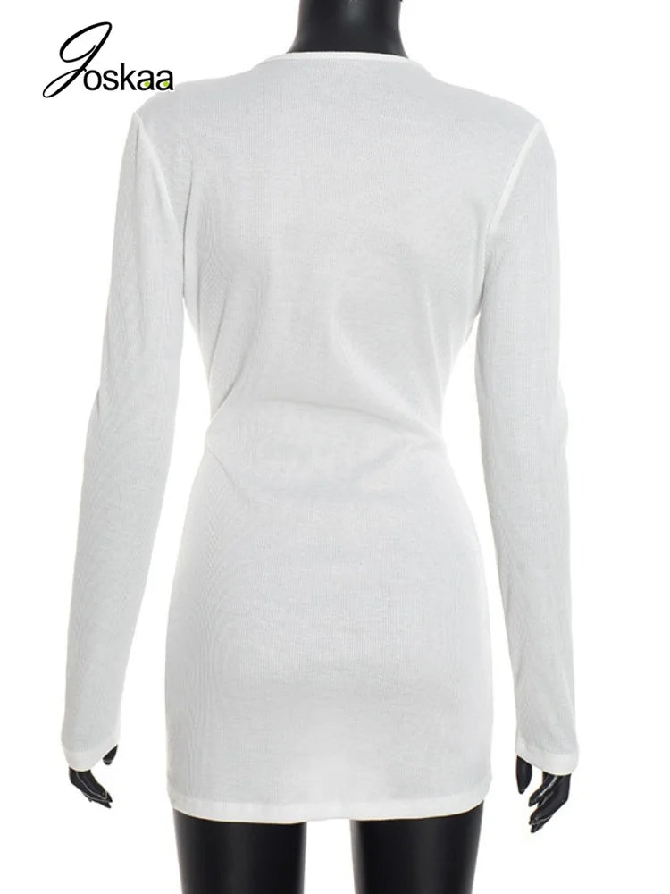 Women's Ribbed Knit V-neck Long Sleeve Bodycon Mini Dress - Detail View