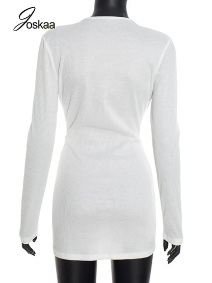 Women's Ribbed Knit V-neck Long Sleeve Bodycon Mini Dress - Detail View