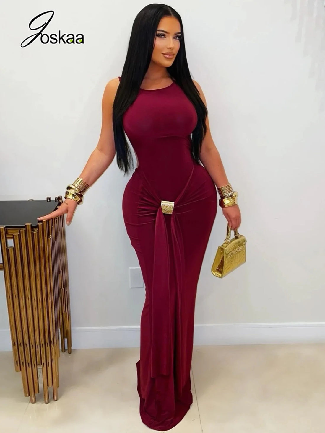 Women's Satin Backless Bodycon Maxi Dress Red – Front View