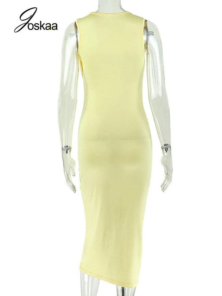 Women's Yellow Ruched Sleeveless Bodycon Dress - Detail View 4