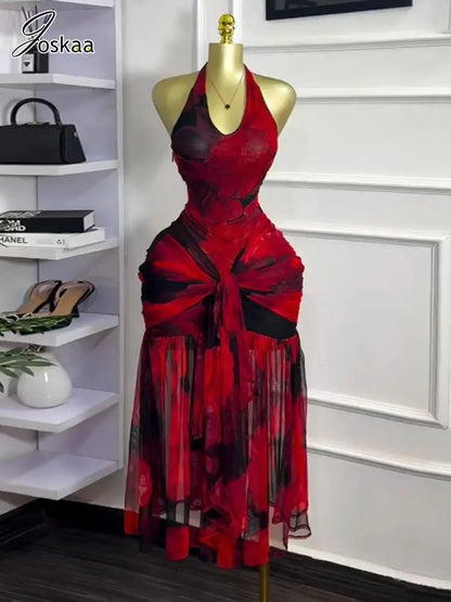 Women's Mesh Ruched Backless Halter Maxi Dress – Women's Fashion Wholesale – Front View